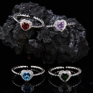 S925 Sterling Silver Natural Garnet, Topaz, Diopside, and Amethyst Gemstone Heart Ring